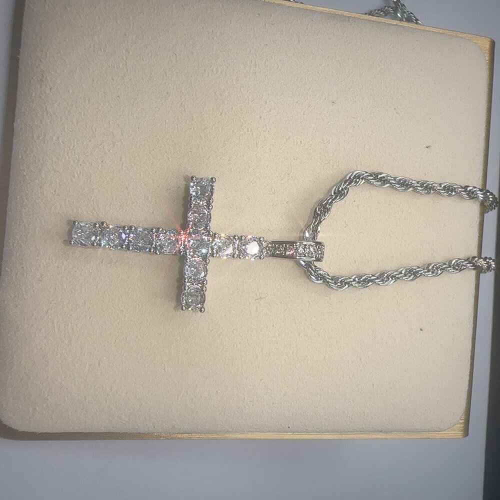 Cubic Zirconia Cross Pendant Necklace Stainless Steel Silver - Picture 7 of 7